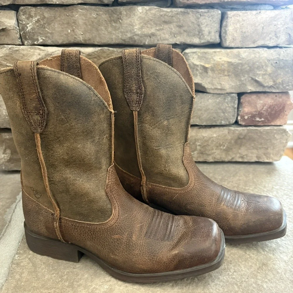Ariat Youth Rambler Brown Leather Square Toe Western Boots Size 3